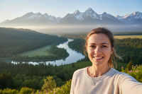 Selfie mujer con un paisaje de fondo